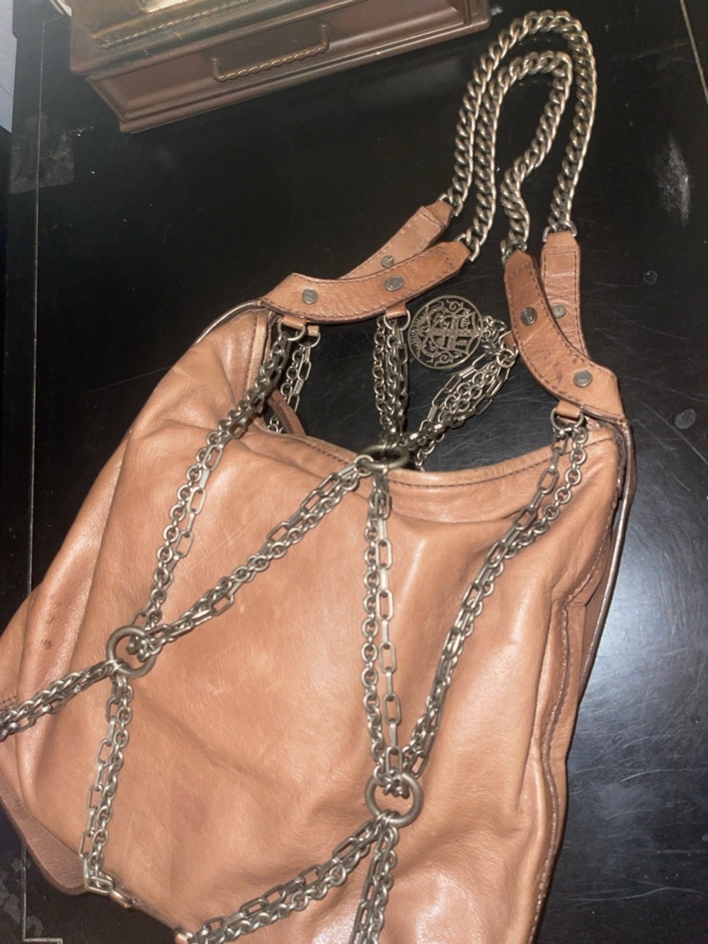 Juicy Couture Tan Leather Shoulder Bag with Silver Chains Y2K *RARE*